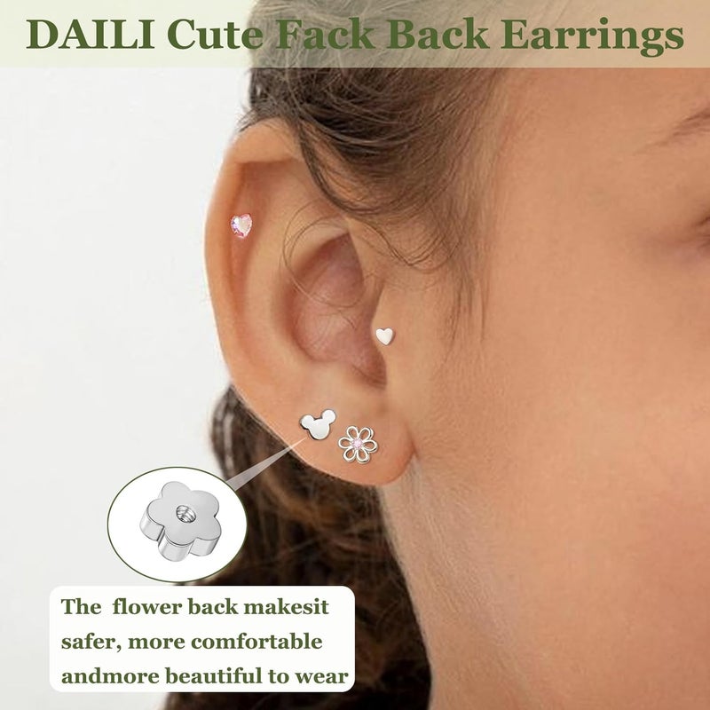DALI Hypoallergenic 14K Gold Earrings for Girls Women, Toddler Screw Back Baby Earrings for Sensitive Ears Silver Kids Earrings Cute Flower Heart Star Ball Dot Mouse Titanium Flat Back Stud Earring Sets - Image 2